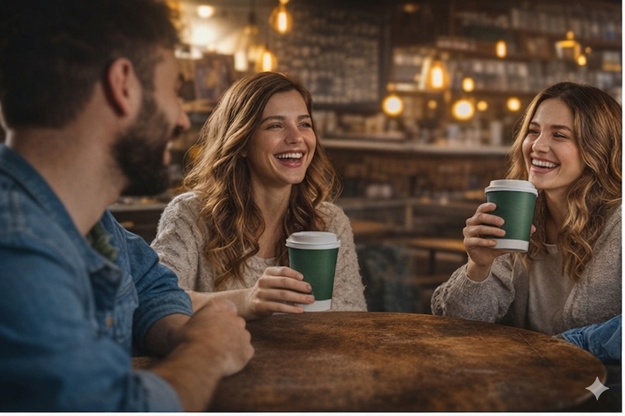 Kafede karton kahve bardakları ile oturan insanlar