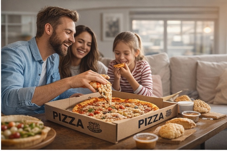 Evde pizza söylemiş insanların önünde pizza kutusu